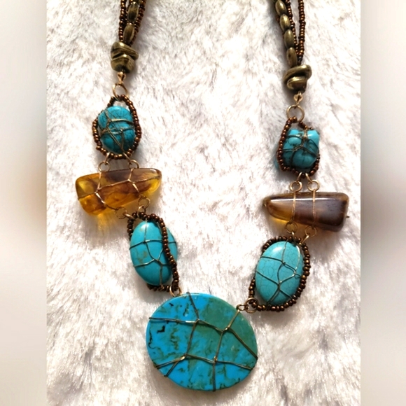 Antique Beautiful Turquoise & Brown Stone Wrapped Gold Tone Wires & Beaded - Picture 10 of 14